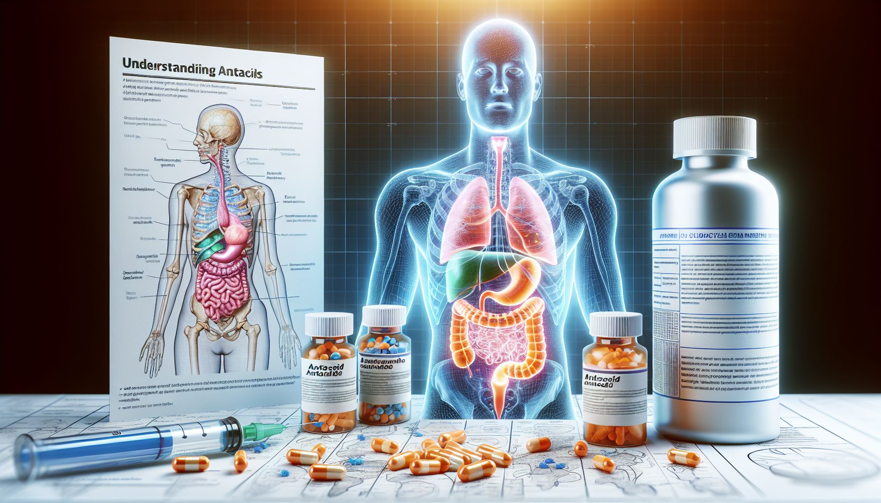 A selection of antacid medications, including tablets and liquid forms, with a glass of water.